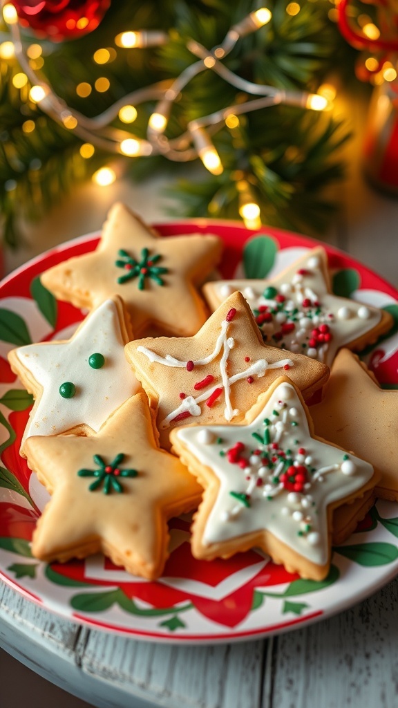 Christmas Star Doodles Recipe A plate of decorated star-shaped Christmas cookies with icing and sprinkles, set against a festive background.